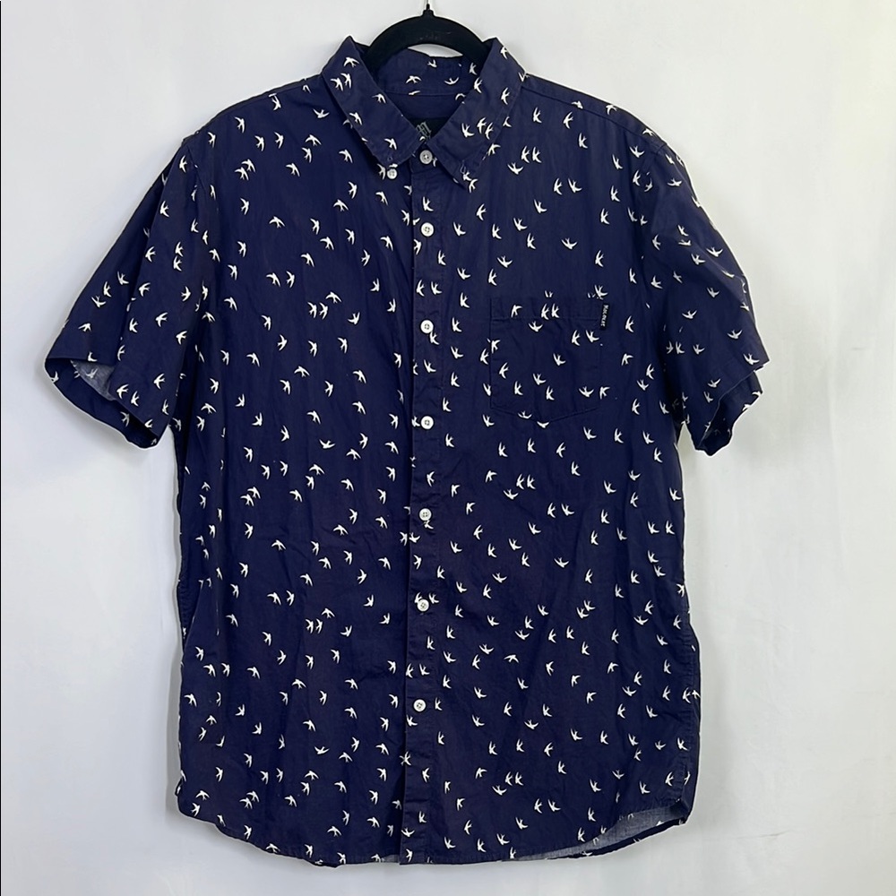 Navy Blue Bird Print Men's Shirt with bird contrast pattern collared t shirt